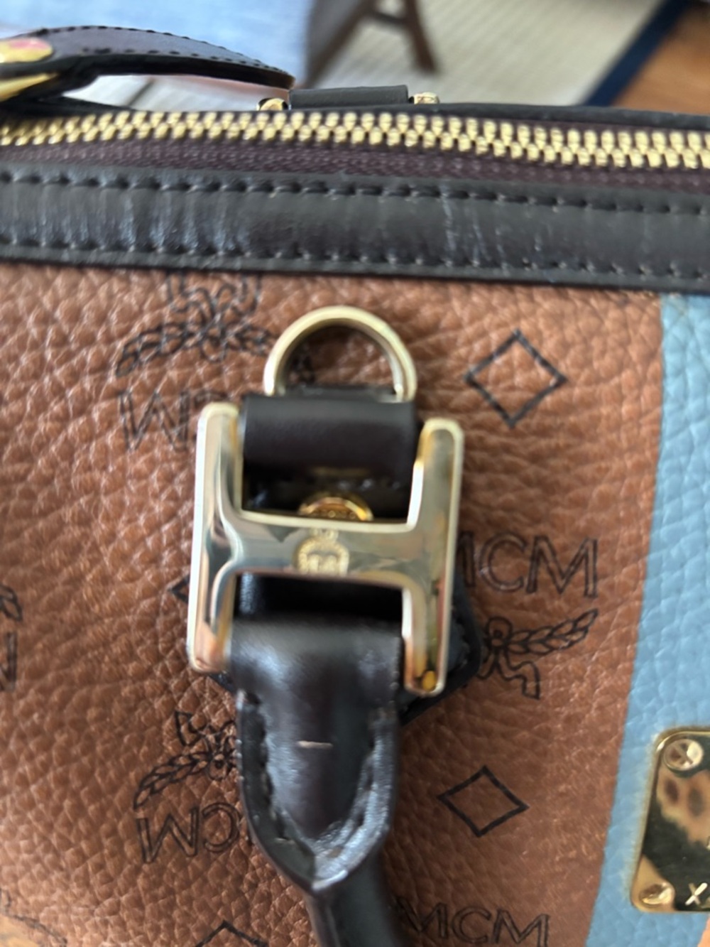 MCM Brown Visetos Satchel with Blue and Orange Stripe - Picture 7 of 13